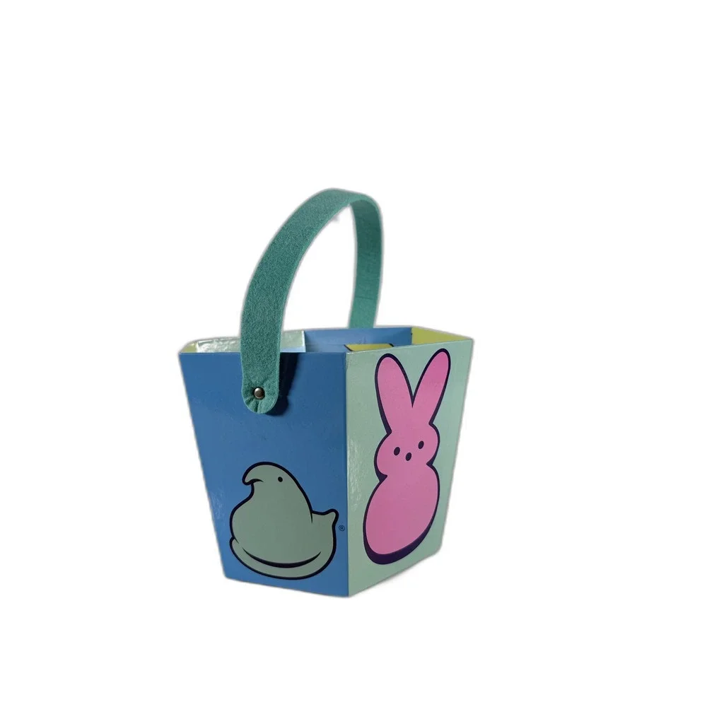 Peeps Easter Basket Hexagon Cardboard Treat Pail Teal Felt Handle Bunny Chick
